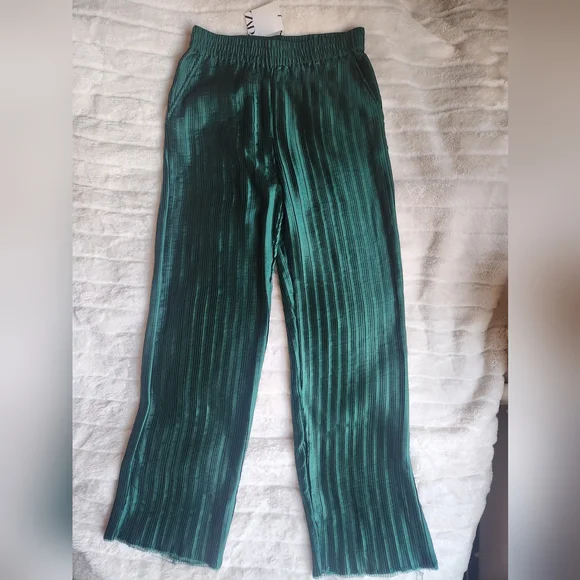 Zara Co-ord Set pleated top & pleated pants raw hems green Sz L NWT - Picture 12 of 16